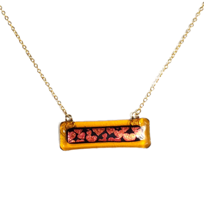 Dichroic hearts on amber fused glass bar necklace