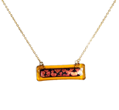 Dichroic Hearts on Amber Fused Glass Bar Necklace