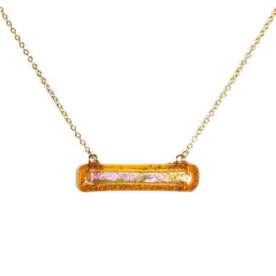 Dichroic pink on amber fused glass bar necklace