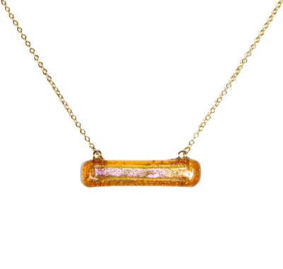 Dichroic Pink on Amber Fused Glass Bar Necklace