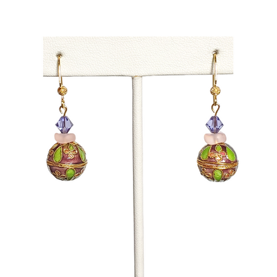 Vintage purple and green cloisonne, pink pressed glass, and purple crystal earrings - Thumbnail 3