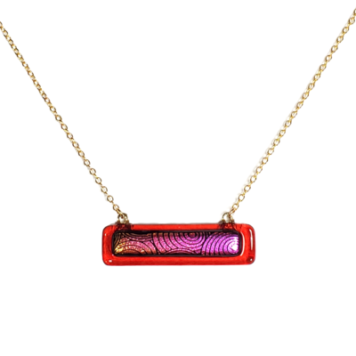 Dichroic pink circles on red transparent glass bar necklace