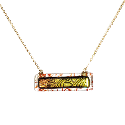 Gold dichroic circles on red stringers and clear fused glass bar necklace
