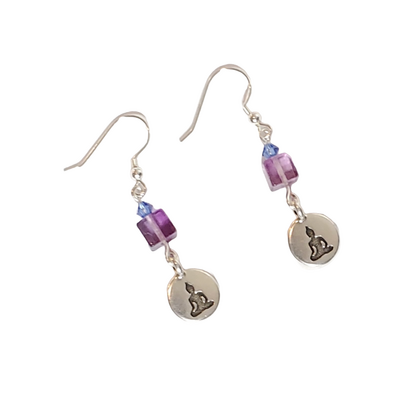 Purple fluorite and lotus pose charm earrings - Thumbnail 2