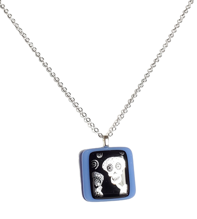 Dichroic Silver Skulls on Blue Fused Glass Pendant Necklace