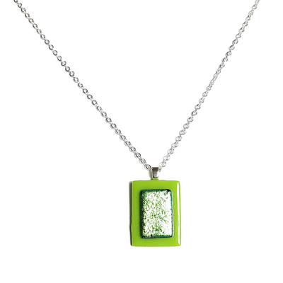 Dichroic green on kelly green fused glass pendant necklace