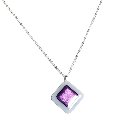 Purple dichroic on white fused glass pendant necklace - Thumbnail 3