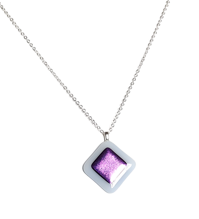 Purple Dichroic on White Fused Glass Pendant Necklace