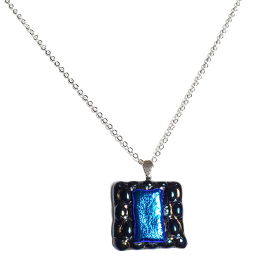 Dichroic cobalt blue on black bubble fused glass pendant necklace - Thumbnail 1