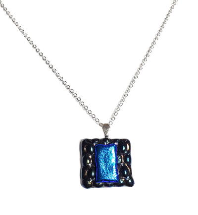 Dichroic Cobalt Blue on Black Bubble Fused Glass Pendant Necklace