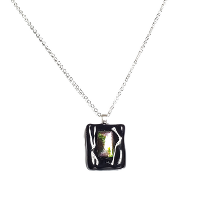 Dichroic rainbow on wavy black fused glass pendant necklace