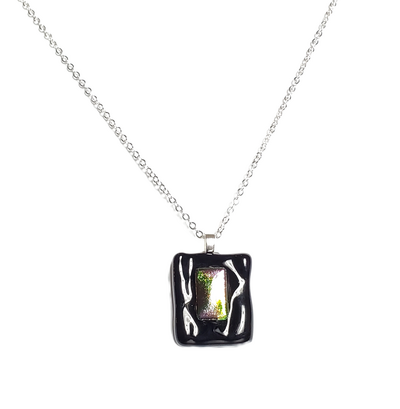 Dichroic Rainbow on Wavy Black Fused Glass Pendant Necklace