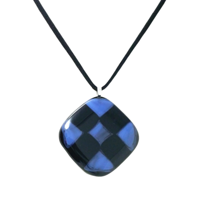 Black and blue checkerboard fused glass necklace - Thumbnail 2