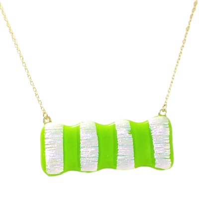 Dichroic ridges on light green fused glass necklace