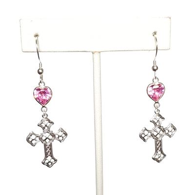 Pink crystal heart and filigree cross earrings with sterling silver hooks