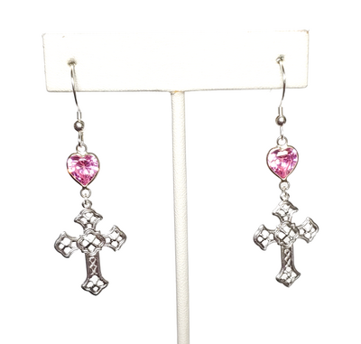 Pink Crystal Heart and Filigree Cross Earrings with Sterling Silver Hooks