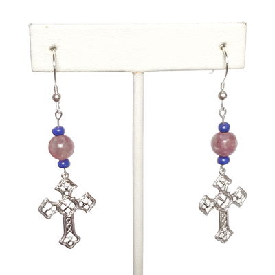 Lepidolite and filigree cross earrings with sterling silver hooks