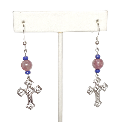Lepidolite and Filigree Cross Earrings with Sterling Silver Hooks
