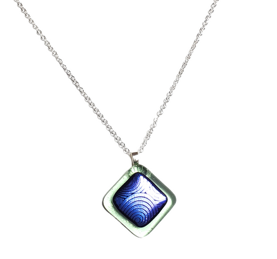 Dichroic Blue Circles on Transparent Green Fused Glass Pendant Necklace