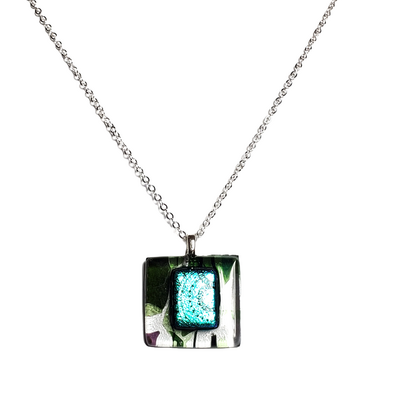 Dichroic sundials on grean streaked fused glass pendant necklace