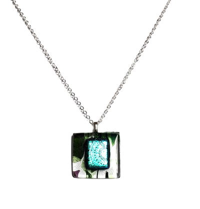 Dichroic Sundials on Grean Streaked Fused Glass Pendant Necklace
