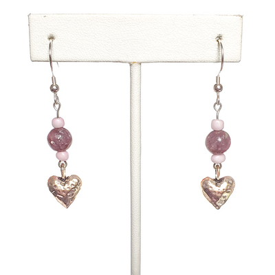 Hammered heart and lepidolite earrings with sterling silver hooks
