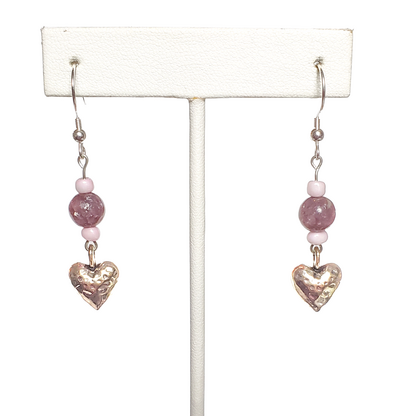 Hammered Heart and Lepidolite Earrings with Sterling Silver Hooks