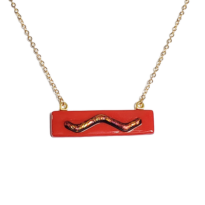Dichroic red wave on red fused glass bar necklace