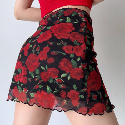 Vintage rose print mesh skirt