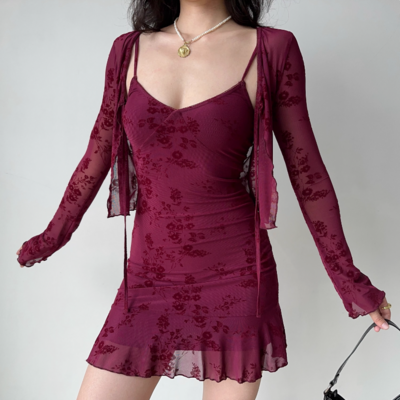 Burgundy embroidered suspender dress cardigan two-piece set - Thumbnail 5