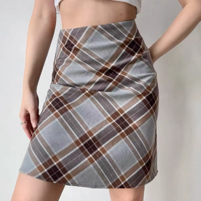 Retro contrast color plaid skirt women's a-line high waist hip skirt