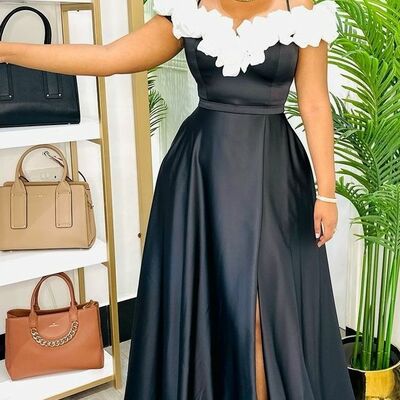 Black a line off the shouder african girls prom dress floral evening dresses