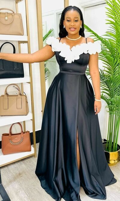 Black A Line Off the Shouder African Girls Prom Dress Floral Evening Dresses