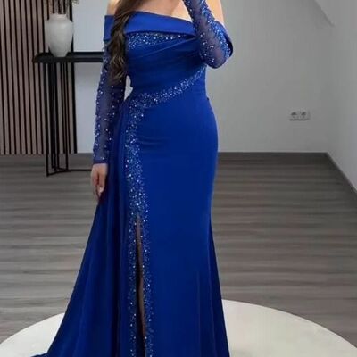 Royal blue sheath beading crystals prom dress floral evening dresses