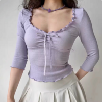 Ballet Style Bow Low-cut Round Neck Waffle T-shirt - Thumbnail 1