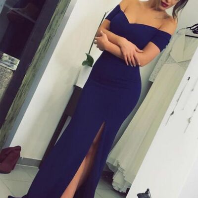 Navy blue sheath off the shoulder simple prom dress floral evening dresses