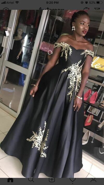 Black Ball Gown White Appliques African Girls Prom Dress Floral Evening Dresses