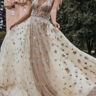 Sexy a-line v-neck wedding dress, stars tulle bridal dress wedding gown - Thumbnail 2