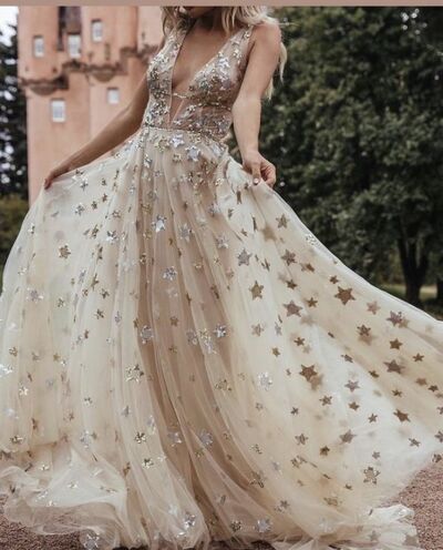 Sexy A-line V-neck Wedding Dress, Stars Tulle Bridal Dress Wedding Gown