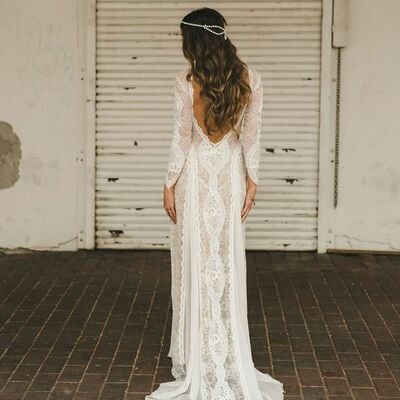 Boho sexy sheath v-neck wedding dress, lace tulle bridal dress wedding gown