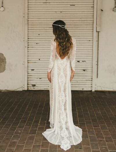 Boho Sexy Sheath V-neck Wedding Dress, Lace Tulle Bridal Dress Wedding Gown