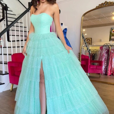 Lovely strapless long prom dress, beautiful green a-line party dress