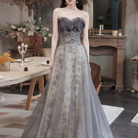 Gray Strapless Sequins Long Prom Dress, Beautiful A-Line Party Dress - Thumbnail 3