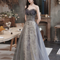 Gray Strapless Sequins Long Prom Dress, Beautiful A-Line Party Dress - Thumbnail 4