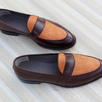 Crafted Leather Classic Men Brown Grain Leather Moccasin Loafers Dress Shoes - Thumbnail 1