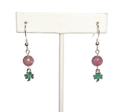 Lepidolite and Green Shamrock Clover Earrings on Sterling Silver Hooks