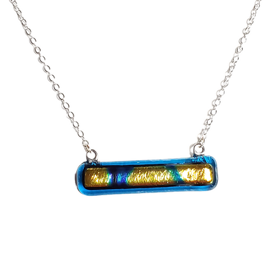 Dichroic abstract pattern on transparent blue fused glass bar necklace