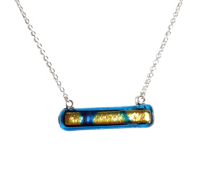 Dichroic Abstract Pattern on Transparent Blue Fused Glass Bar Necklace