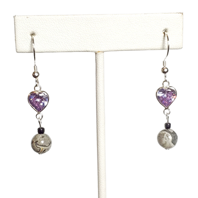 Gray crazy lace and purple heart crystal earrings with sterling silver hooks