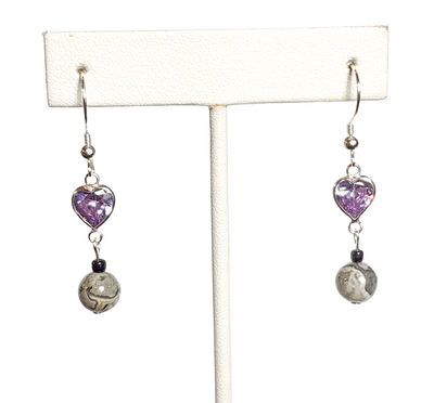 Gray Crazy Lace and Purple Heart Crystal Earrings with Sterling Silver Hooks